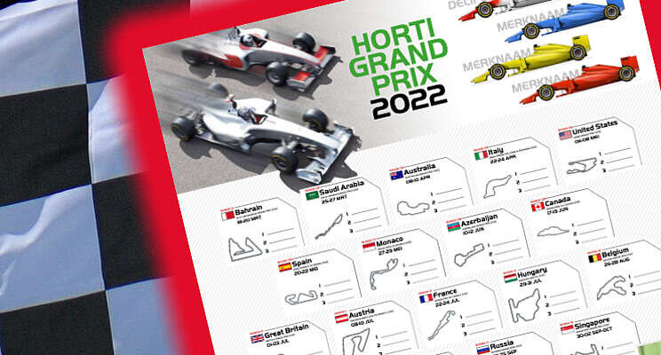 Horti Grand Prix poster 2022: reserveer jouw auto, vlag of helm! Horti Grand Prix poster 2022: reserveer jouw auto, vlag of helm!